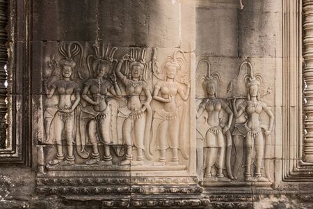 Detailed shots of the reliefs in the Angkor Wat temple, Cambodia