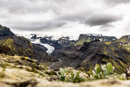 Breathtaking view from a hill next to Eyjafjallajokull (Iceland) in summerの写真素材