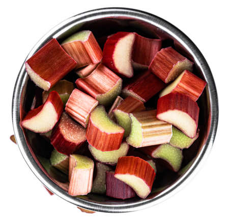 Freshly chopped Rhubarb isolated on white background as detailed close up shotの写真素材
