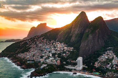 Favela Vidigal in Rio de Janeiro during sunset, aerial shot from a helicotperの写真素材
