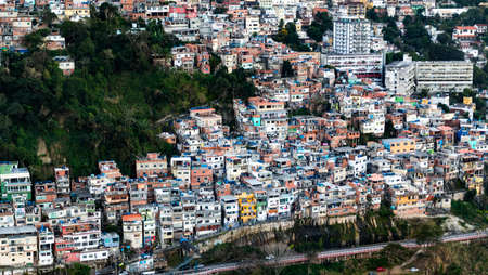 Favela Vidigal in Rio de Janeiro during sunset, aerial shot from a helicotperのeditorial素材