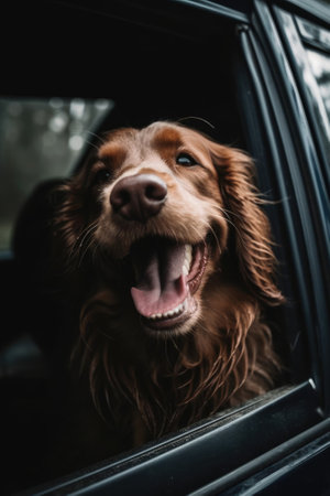 The dog is enjoying itself with its head out of the car's window. - image generated with Generative AIの素材