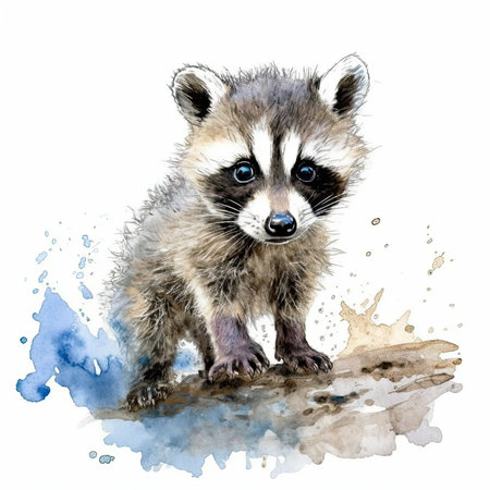 Baby Raccoon watercolor with ink outline on white background, high detailed - generated with generative AIの素材