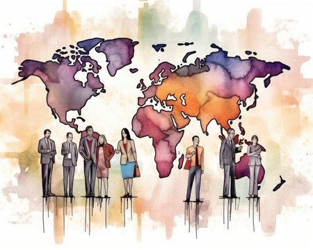 People on global map represent worldwide business concept. - image generated with Generative AIの素材