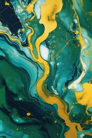Modern wallpaper with fluid art on green & gold marble background. - image generated with Generative AIの素材