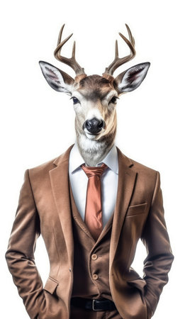 Deer dressed in a suit like a businessman, isolated on white background - generated with generative AIの素材