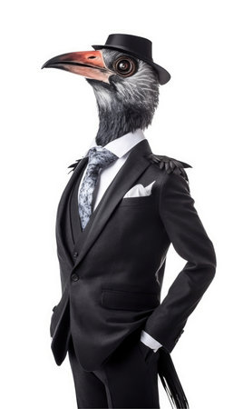 Bird dressed in a suit like a businessman, isolated on white background - generated with generative AIの素材