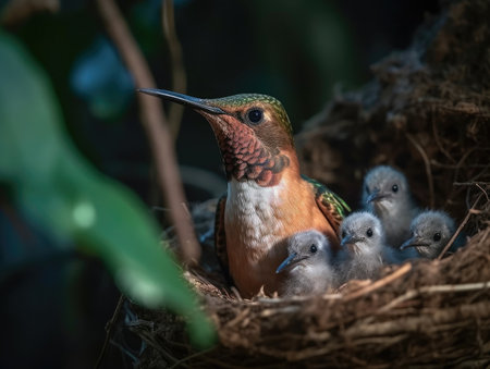 Adult Hummingbird with babies - generated with generative AIの素材