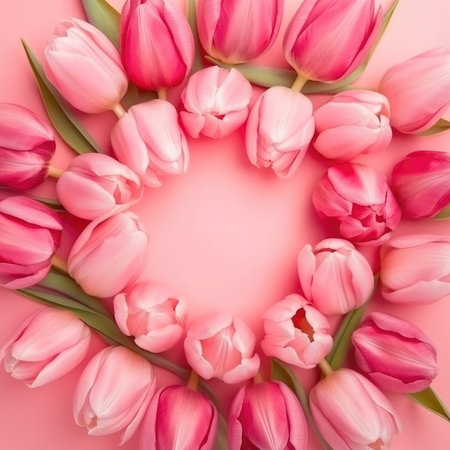 A flat lay of tulip flowers on pink background, suitable for Women's Day, Mother's Day, or spring sale. - image generated with Generative AIの素材