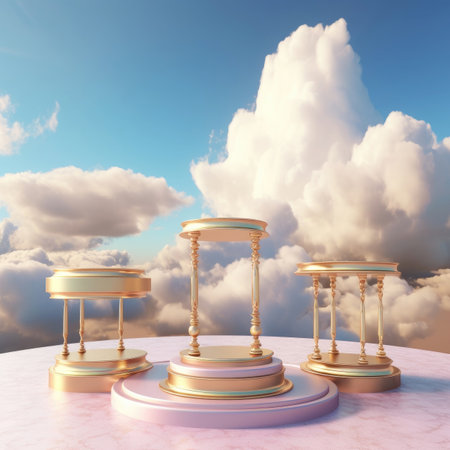 A surreal podium is outdoors under a blue sky with pink, gold, and pastel soft clouds and plenty of space. - image generated with Generative AIの素材