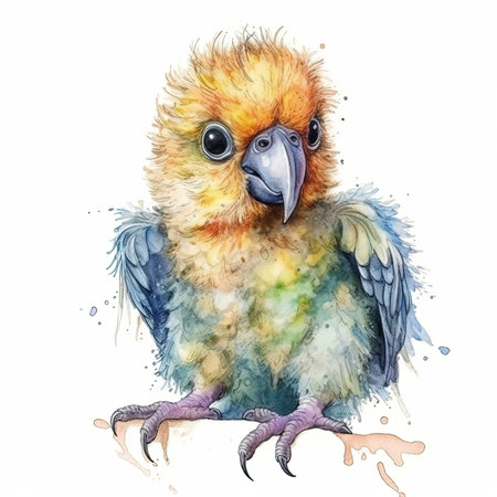 Baby Parrot watercolor with ink outline on white background, high detailed - generated with generative AIの素材
