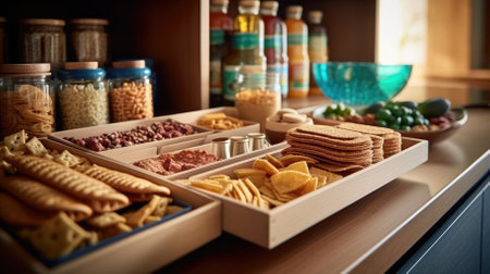 Snacks and crackers neatly stacked in pull-out pantry drawer. - image generated with Generative AIの素材