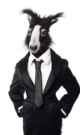 Skunk dressed in a suit like a businessman, isolated on white background - generated with generative AIの素材