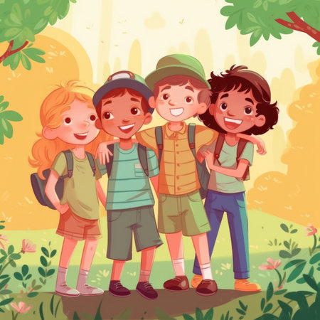 A joyful group of friends playing and hugging outside in summer. - image generated with Generative AIの素材