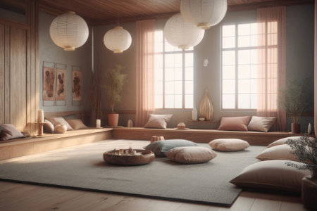 The meditation room presents a peaceful setting with individuals seated on cushions, imagery in muted tones to evoke calmness. - image generated with Generative AIの素材