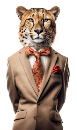 Cheetah dressed in a suit like a businessman, isolated on white background - generated with generative AIの素材