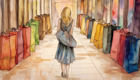 The girl carries colorful paper bags in the mall corridor. - image generated with Generative AIの素材