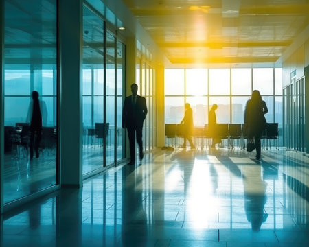 Office workers in a blue and yellow building appear as blurred silhouettes. - image generated with Generative AIの素材