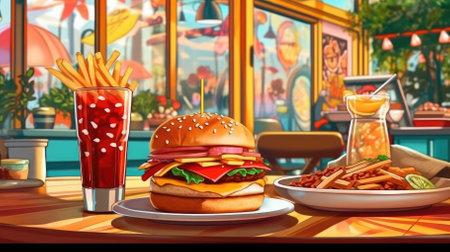 Fast food concept: hamburgers, fries, drinks on cafe table. - image generated with Generative AIの素材