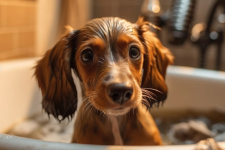 A cute puppy is being bathed by its owner. - image generated with Generative AIの素材