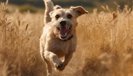 A cute pet enjoys the outdoors, running happily in a meadow in a close-up shot. - image generated with Generative AIの素材