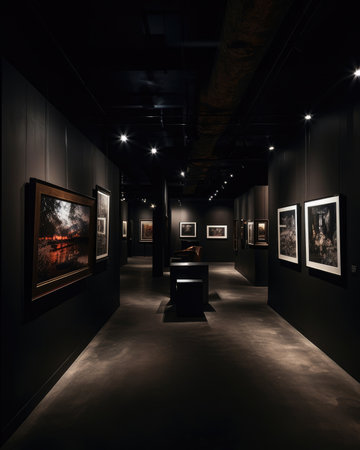 A contemporary dark art gallery exhibiting modern art photography. - image generated with Generative AIの素材