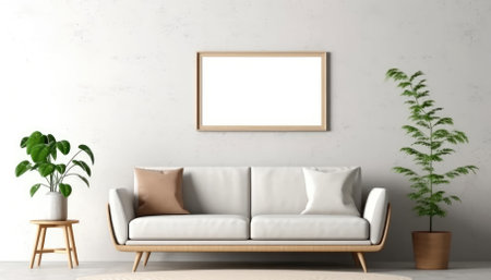 A minimalist white living room features a blank horizontal frame. - image generated with Generative AIの素材