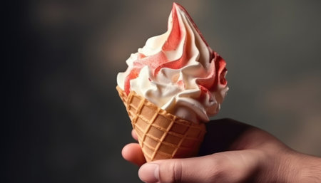 A closeup of a hand holding an ice cream cone with space for text. - image generated with Generative AIの素材