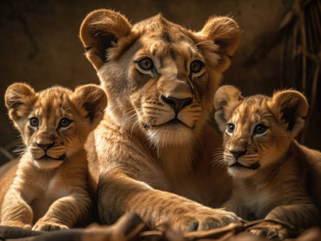 Adult Lion with babies - generated with generative AIの素材
