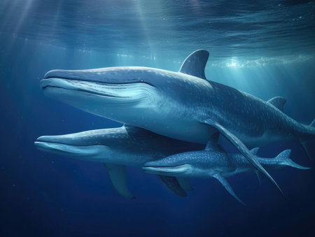 Adult Blue Whale with babies - generated with generative AIの素材