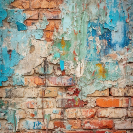 The brick wall has peeling paint and looks weathered. - image generated with Generative AIの素材