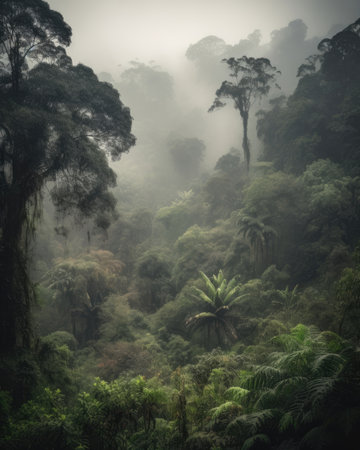 The theme is conservation, climate change and renewable energy, shown in a rainforest with trees and fog. - image generated with Generative AIの素材
