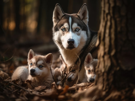Adult Husky with babies - generated with generative AIの素材