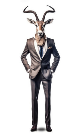 Antelope dressed in a suit like a businessman, isolated on white background - generated with generative AIの素材