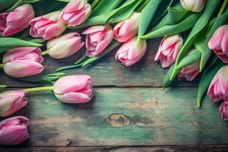 A beautiful tulip border with pink flowers on a vintage wooden background. - image generated with Generative AIの素材