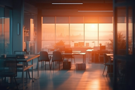 The interior created a fuzzy atmosphere for the office workspace at night. - image generated with Generative AIの素材