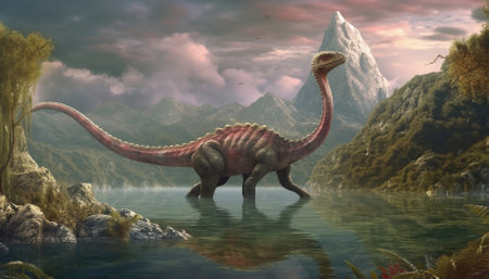 A human enhanced dinosaur in a fantasy landscape appears majestic. - image generated with Generative AIの素材