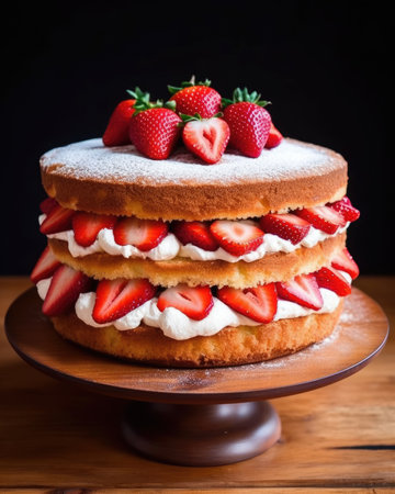 Fresh strawberries atop strawberry sponge cake. - image generated with Generative AIの素材
