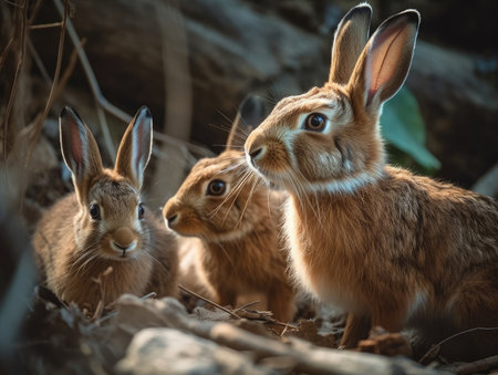 Adult Hare with babies - generated with generative AIの素材