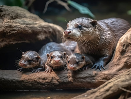 Adult Otter with babies - generated with generative AIの素材