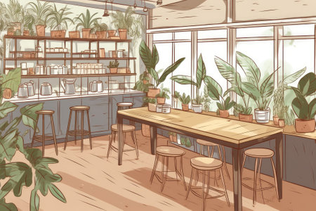 An eco-friendly coffee shop with recycled wood furniture, plants, and natural light was illustrated. - image generated with Generative AIの素材