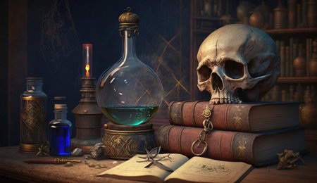 The alchemist room contains old books, a skull, and a potion bottle. - image generated with Generative AIの素材