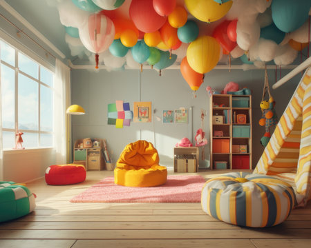The kids' playroom is colorful and positive. - image generated with Generative AIの素材