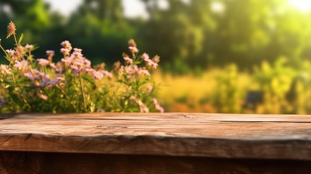 An old wooden table with nature backdrop and copy space. - image generated with Generative AIの素材