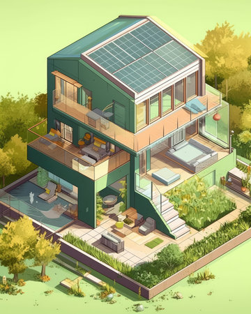 A green and modern self-sustaining family home with low energy consumption located on garden land is illustrated. - image generated with Generative AIの素材