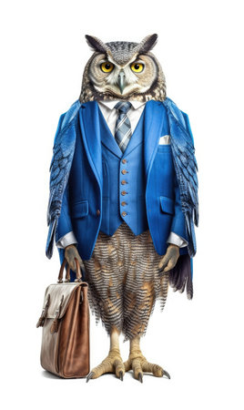 Owl dressed in a suit like a businessman, isolated on white background - generated with generative AIの素材
