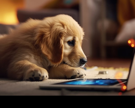 A golden retriever puppy plays with a tablet. - image generated with Generative AIの素材