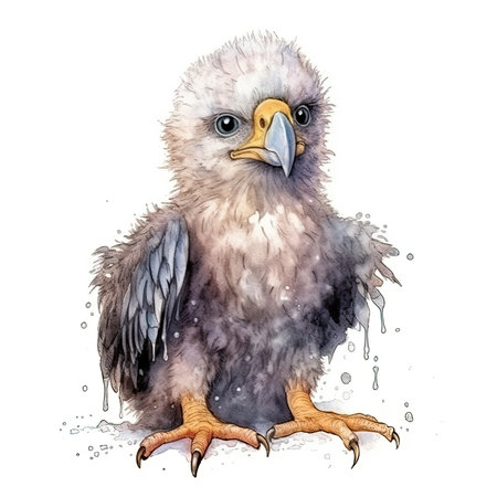 Baby Bald Eagle watercolor with ink outline on white background, high detailed - generated with generative AIの素材