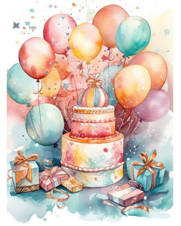 A watercolor illustration and post-processed image convey the concept of a festive birthday celebration complete with party decorations and greeting invitation cards. - image generated with Generative AIの素材