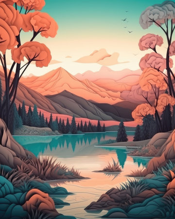 A paper cut style 3d illustration of a fantasy landscape with mountains, trees, and a lake. - image generated with Generative AIの素材